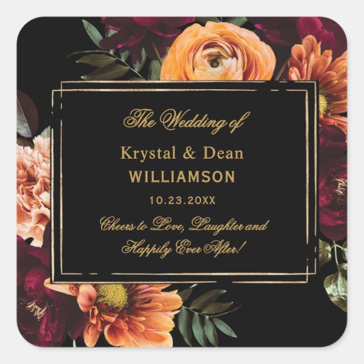 Dark Moody Burgundy Orange Rust Floral Wedding Quadratischer Aufkleber (Vorderseite)