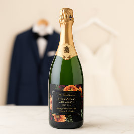 Dark Moody Burgundy Orange Rust Floral Wedding Schaumweinetikett