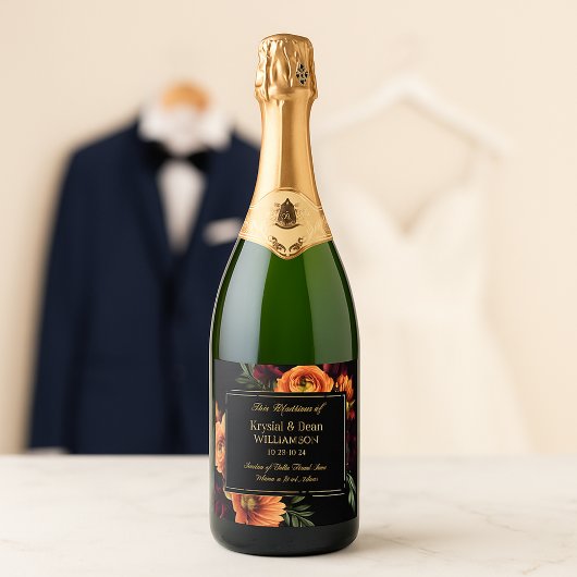 Dark Moody Burgundy Orange Rust Floral Wedding Schaumweinetikett