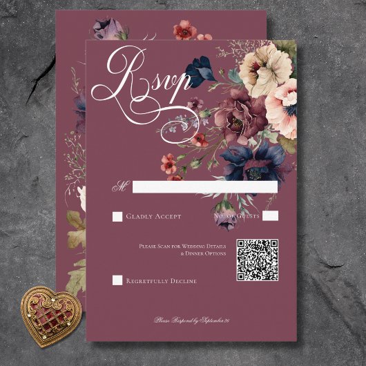Dark Moody Burgundy Oval Floral Frame QR Code RSVP Karte