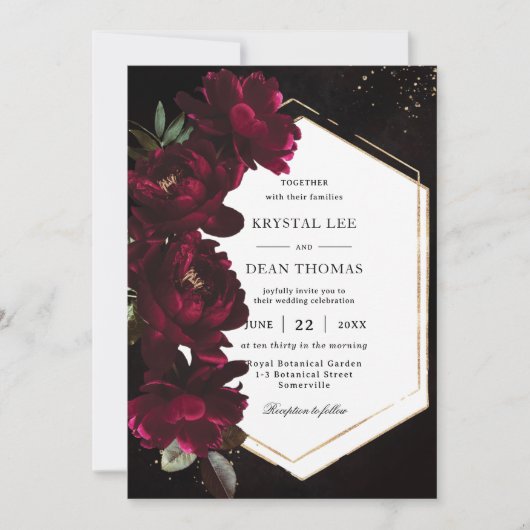 Dark Moody Burgundy Peonies Floral Wedding Einladung (Vorderseite)