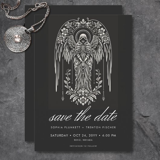 Dark Moody Cloaked Angel Wedding Save The Date