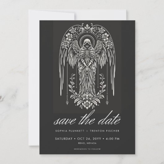 Dark Moody Cloaked Angel Wedding Save The Date (Vorderseite)