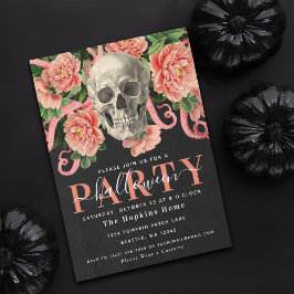Dark Moody Coral Skull Floral Halloween-Party Einladung