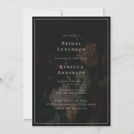 Dark Moody Elegant Blume Bouquet Brautparty Einladung (Vorderseite)