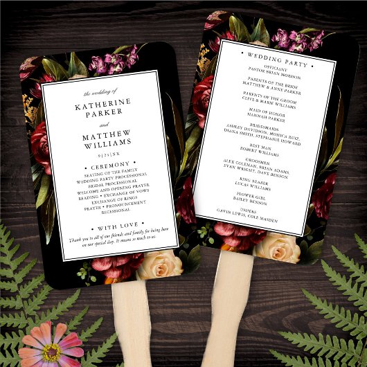 Dark + Moody Elegant Floral Black Wedding Programm Fächer