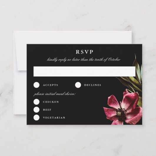 Dark + Moody Elegant Floral Black Wedding RSVP (Vorderseite)