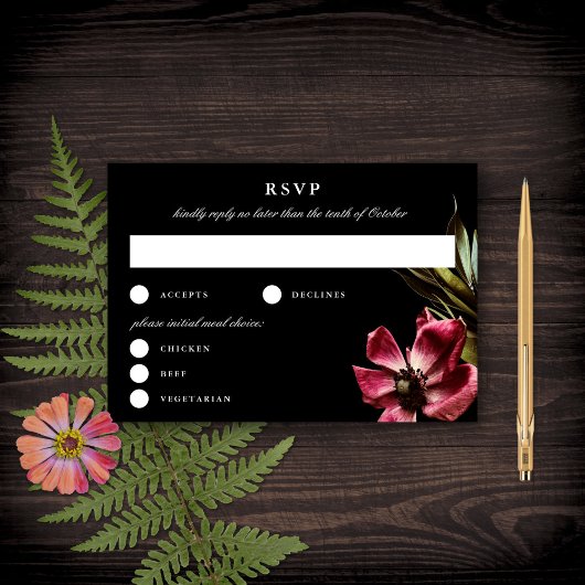 Dark + Moody Elegant Floral Black Wedding RSVP Karte