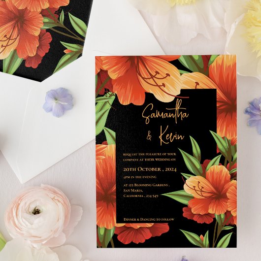 Dark Moody Elegant Orange Floral Wedding Einladung
