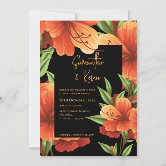 Dark Moody Elegant Orange Floral Wedding Einladung (Vorderseite)
