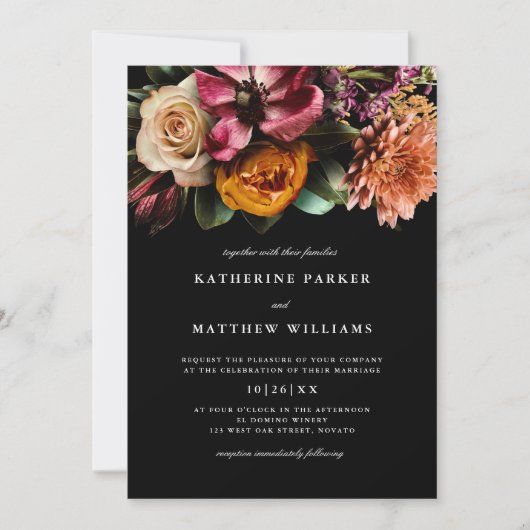 Dark + Moody Elegant Schwarze Hochzeit mit Flora Einladung (Vorderseite)