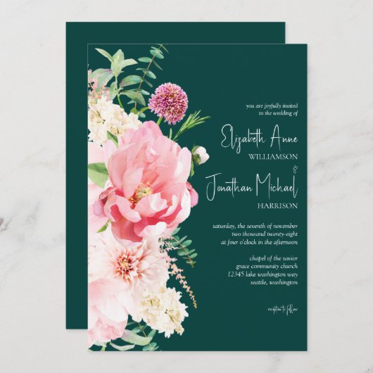 Dark Moody Emerald Blush Floral Stilftiges Skript Einladung (Vorne/Hinten)