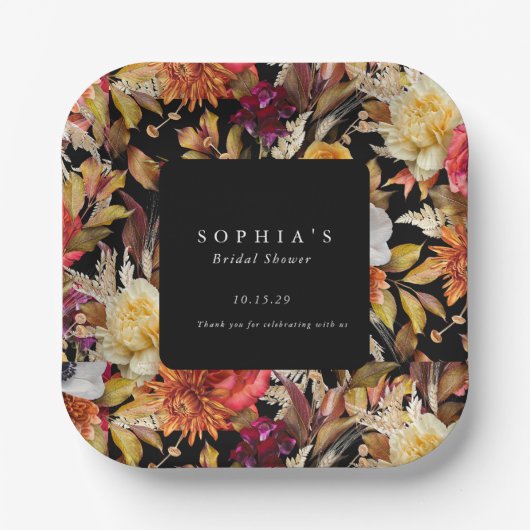 Dark Moody Fall Floral Romantisches Brautparty Pappteller (Vorderseite)