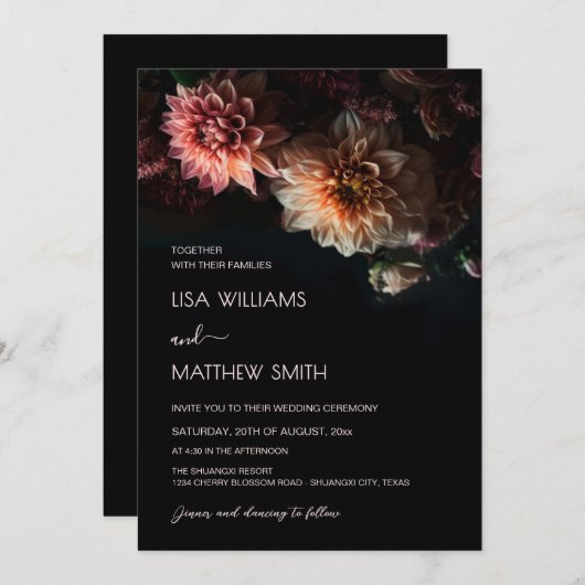 Dark Moody Floral | Chrysanthemum Wedding Einladung (Vorne/Hinten)