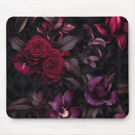 Dark Moody Floral Elegant Black & Burgundy Mousepad (Vorne)