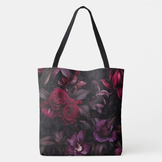 Dark Moody Floral Elegant Black & Burgundy Tasche (Rückseite)