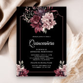 Dark Moody Floral Frame Black Quinceanera Einladung