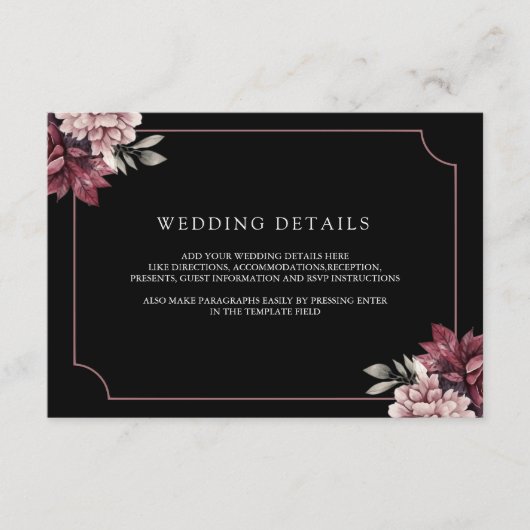 Dark Moody Floral Frame Black Wedding Details Begleitkarte (Vorderseite)