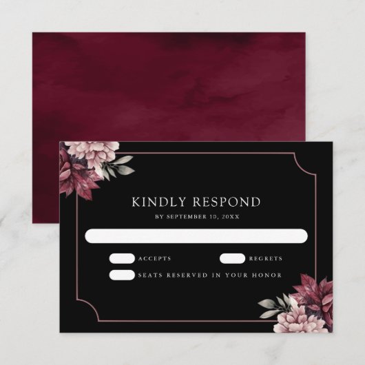 Dark Moody Floral Frame Black Wedding RSVP Karte (Vorne/Hinten)