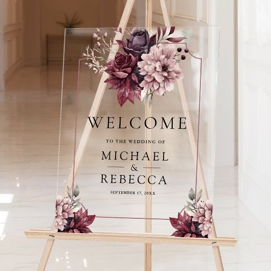Dark Moody Floral Frame Wedding Welcome Acrylschild