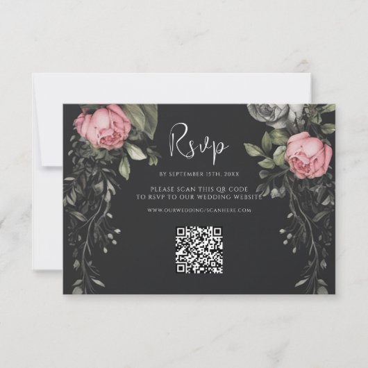 Dark Moody Floral QR Code Wedding RSVP Karte (Vorderseite)