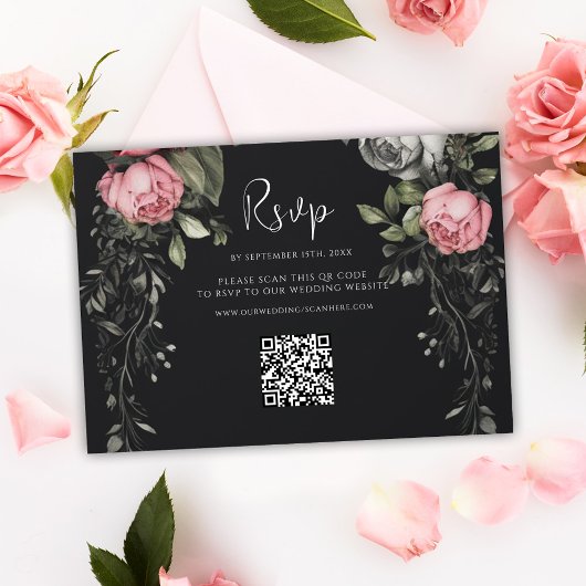 Dark Moody Floral QR Code Wedding RSVP Karte