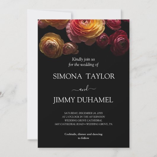 Dark Moody Floral Ranunculus Hochzeit Einladung (Vorderseite)