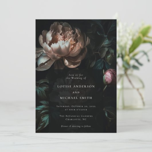 Dark Moody Floral Romantic Black Peony Wedding Einladung (Stehend Vorderseite)