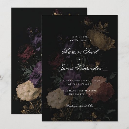 Dark Moody Floral Romantic Black Peony Wedding Einladung (Vorne/Hinten)