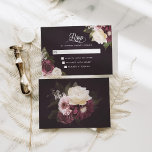 Dark Moody Floral Romantic Wedding RSVP Karte<br><div class="desc">Dieses romantische, dunkelmoodisch-blumengeschmückte Hochzeitsresko eignet sich ideal für formelle Hochzeiten im Abend und für Herbst- oder Winterthemen. Die weinroten und cremefarbenen Blume und das dunkelgrüne Blattwerk sind mit einem dunklen, fast schwarzen bordeauxfarbenen Hintergrund versehen. Finden Sie die Erholung der Hochzeitseinladung und weitere passende Produkte in der Kollektion, oder schreiben Sie...</div>