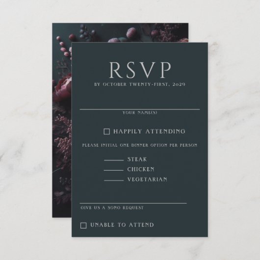 Dark Moody Floral RSVP Karte (Vorne/Hinten)