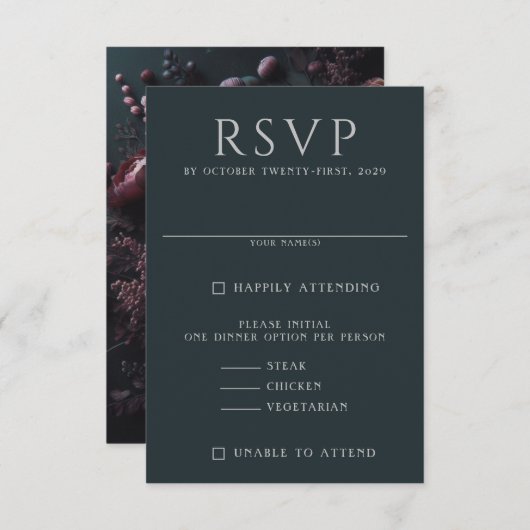 Dark Moody Floral RSVP Karte (Vorne/Hinten)