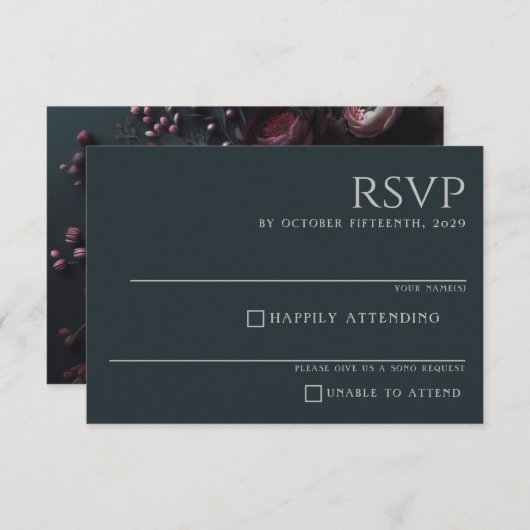 Dark Moody Floral RSVP Karte (Vorne/Hinten)