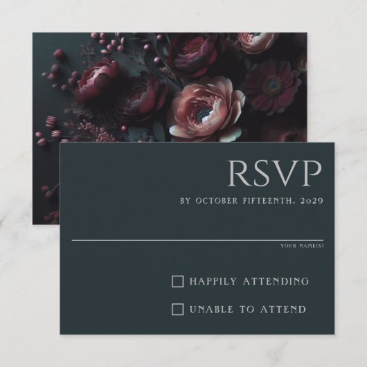 Dark Moody Floral RSVP Karte (Vorne/Hinten)