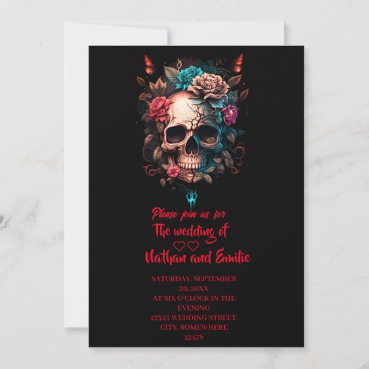 Dark Moody Floral Skull Gothic Wedding Einladung (Vorderseite)