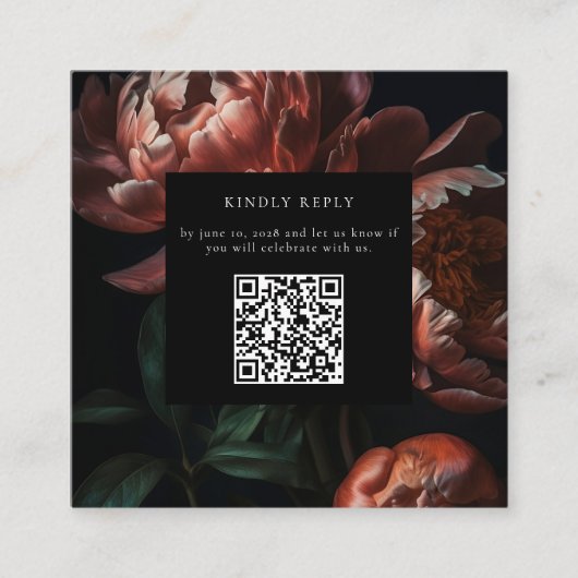 Dark Moody Florals Wedding RSVP QR Code Begleitkarte (Vorderseite)