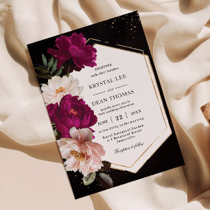 Dark Moody Fuchsia Blush Peonies Floral Wedding Einladung