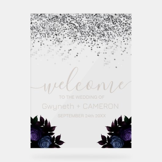 Dark Moody Glitzer Silver Navy Blue Florals Acrylschild (Vorderseite)