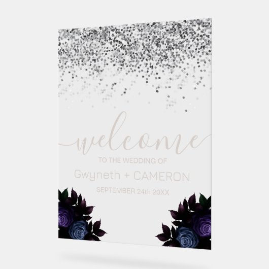 Dark Moody Glitzer Silver Navy Blue Florals Acrylschild (Winkel)