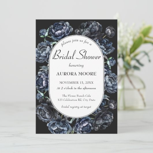 Dark Moody Gothic Blue Floral Brautparty Einladung (Stehend Vorderseite)