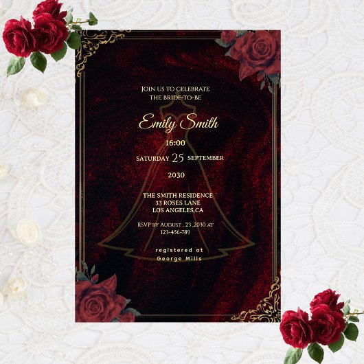 Dark Moody Gothic Red Roses Elegant Bridal Shower Einladung