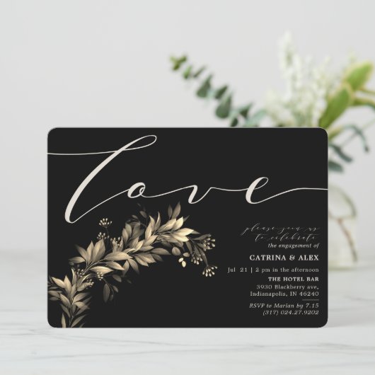 Dark Moody Greenery Beige Black Engagement Party Einladung (Stehend Vorderseite)