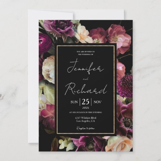 Dark Moody Lila Bloom Floral Black Wedding Einladung (Vorderseite)