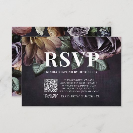 Dark Moody Lila Floral QR Code Wedding RSVP Card (Vorne/Hinten)