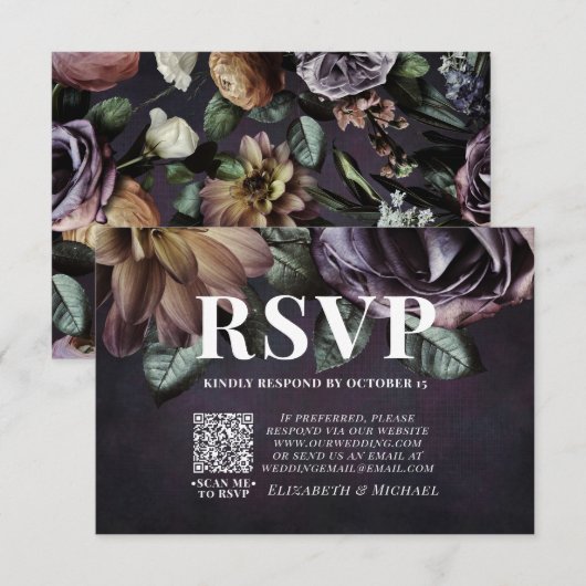 Dark Moody Lila Floral QR Code Wedding RSVP Card Karte (Vorne/Hinten)