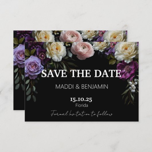 Dark Moody Lila Floral Save the Date Card RSVP Karte (Vorne/Hinten)
