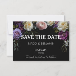 Dark Moody Lila Floral Save the Date Card RSVP Karte