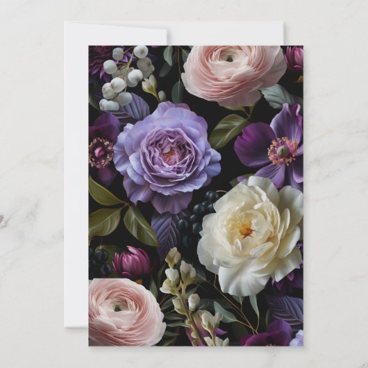 Dark Moody Lila Floral Wedding Einladung (Rückseite)