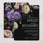Dark Moody Lila Floral Wedding Einladung (Vorne/Hinten)
