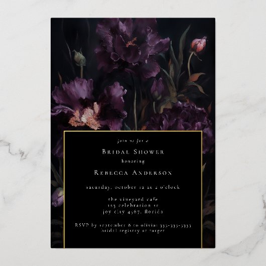 Dark Moody Lila Gothic Florals Brautparty Folieneinladung (Vorderseite)